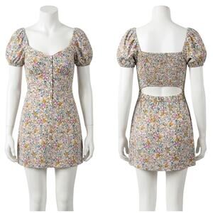 Elodie Mini Dress Size L Pink Yellow Blue Ditsy Floral Cutout Back Button Front